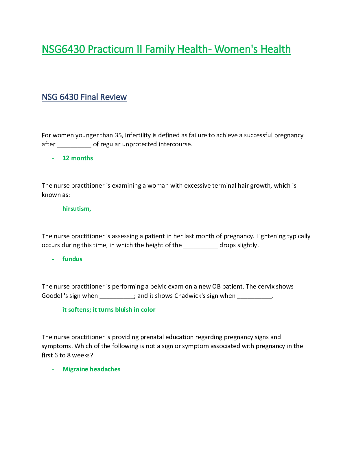 Recommended document preview for NSG6430 / NSG 6430 Final Review (Latest Update): Practicum II Family Health - Women's Health - South University
